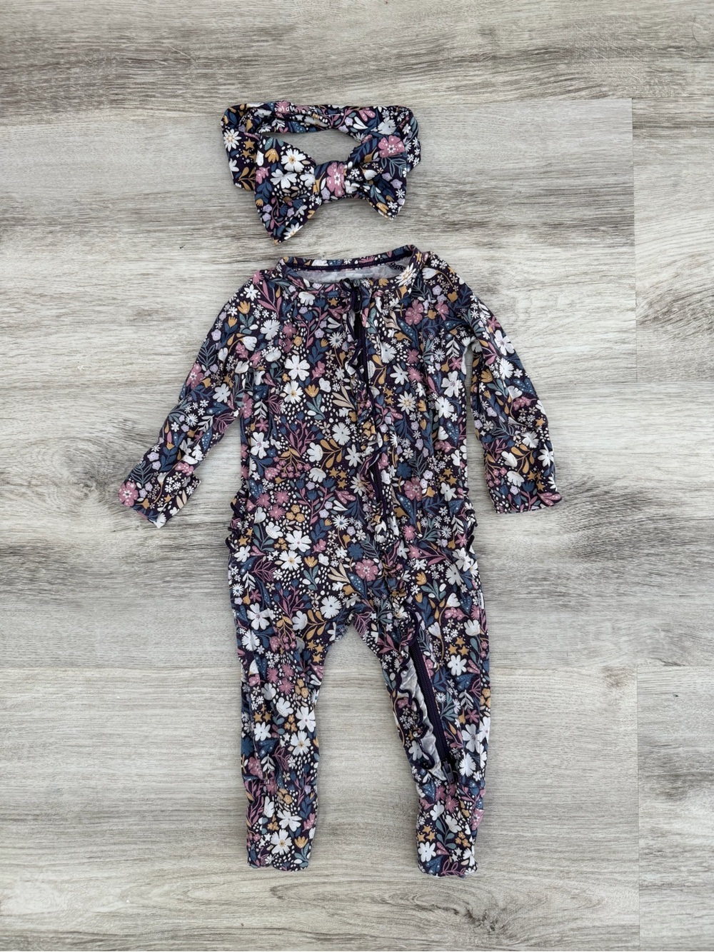Little Sleepies Navy Floral Long-Sleeve One-Piece with Matching Headband